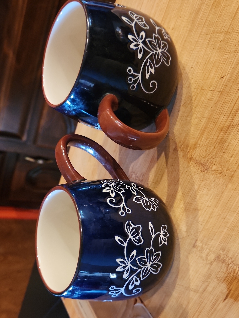 Temp-Tations Navy Blue Floral Mugs with Brown Handles - Pair